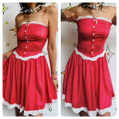 Vintage 90s Y2K | Cherry Red Polka Dot Clown Babydoll Grunge Mini Dress | Small