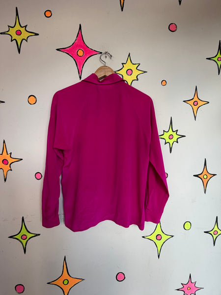 Vintage 80s Hot Pink Silk Blouse Bright Pink Glam Office Siren Top Maximalist M