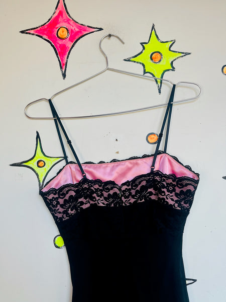 Vintage 90s Y2K Black Fairy Grunge Goth Babydoll Slip Dress w/ Pink & Lace – S