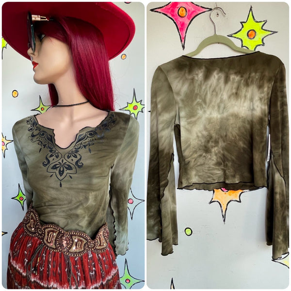 Boho Fairy Grunge Army Green Tie-Dye Bell-Sleeve Cropped Tee Top M