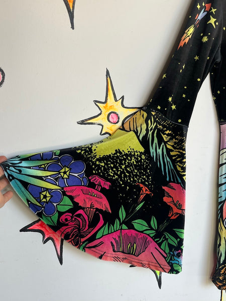 Black Velvet Alien Neon Scene Mini Dress - Bell Sleeves Rave Festival Hippie L