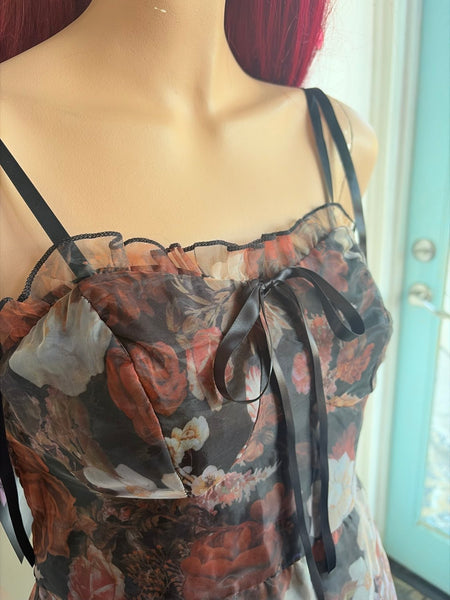 Sheer Black Floral Babydoll Dress | Romantic Goth Fairy Grunge Slip Mini M