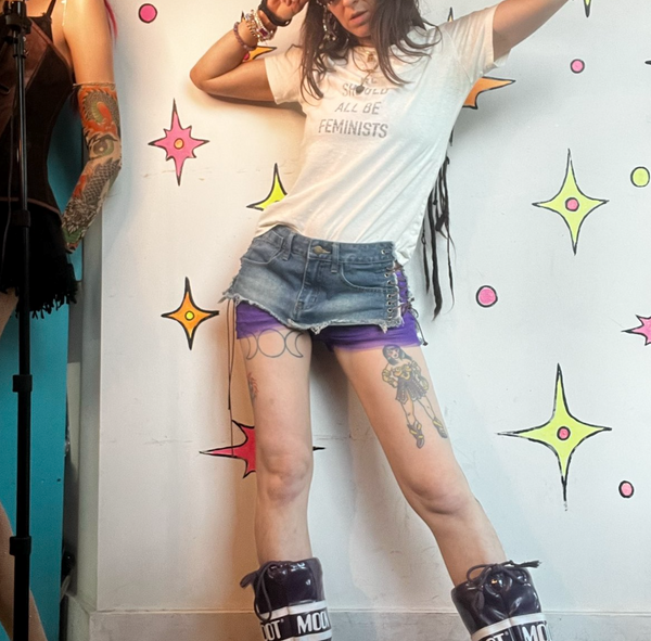 Y2K Indie Sleaze Ultra Mini Denim Skirt Lace Up 2000s Grunge McBling Clubwear XS