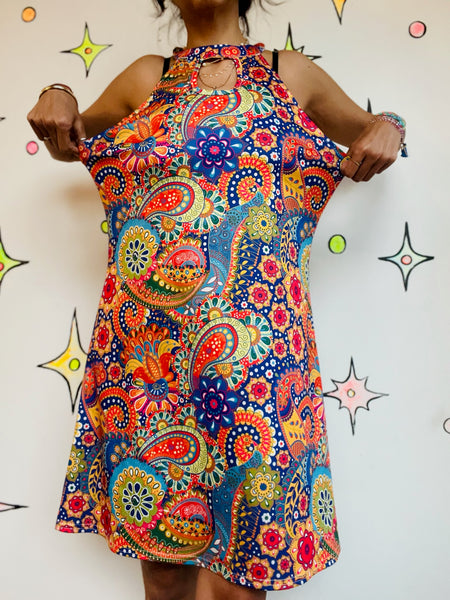 Retro 60s 70s Mod GoGo Psychedelic Rainbow Paisley Mini Party Dress - M/L