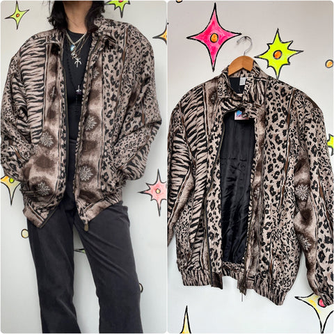 Vintage 80s 90s | Leopard Print Mob Wife Silk Windbreaker Bomber Jacket | Size L