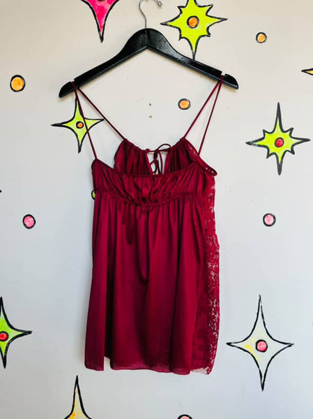 Vintage 70s Burgundy Lace Fairy Grunge Boho Grunge Mini Lingerie Slip Dress M