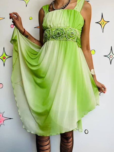 Y2K Pastel Green Fairy Boho Grunge Tinkerbell Princess Asymetric Mini Dress – S
