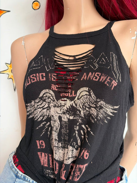 Y2K Black Thrashed Grunge Goth Metal Tattoo Print Tee Tank Top S/M