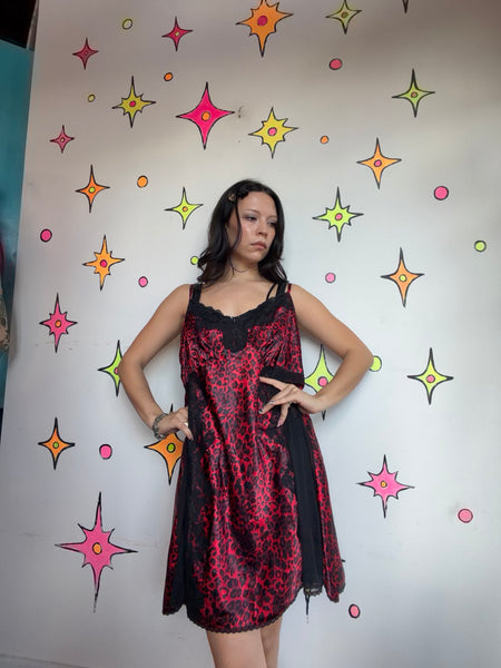 Plus Size Red Leopard Satin Slip Dress Vamp Boudoir Lingerie Y2K Glam Size 22 24