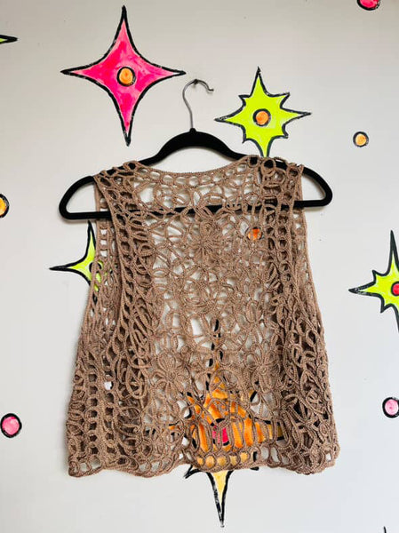 Vintage 90s Tan Pink Crochet Boho Fairy Grunge Vest - Festival Layer - Size M/L