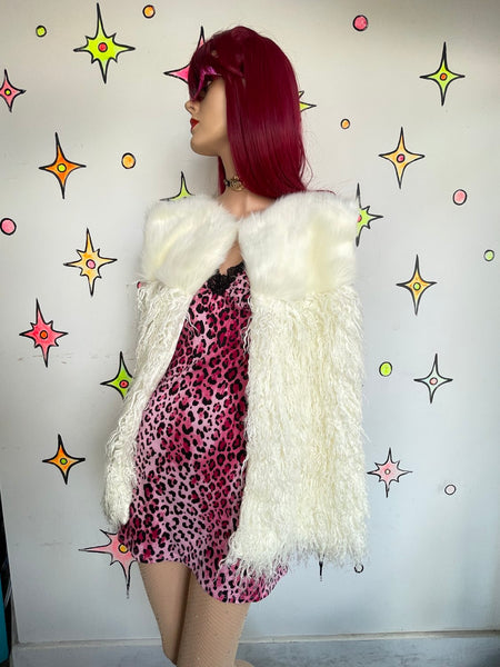 Oversized Shaggy White Faux Fur Boho Vest Statement Shag Festival Piece L/XL