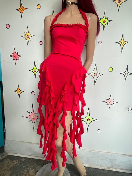 Cherry Red Frilly Asymmetrical Handkerchief Hem Dress Siren Glam Fairycore S