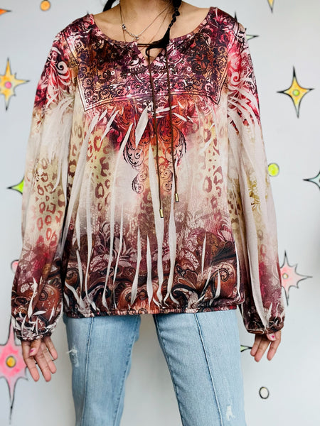 Vintage Y2K Affliction-Style Boho Grunge Fairy Indie Sleaze Tattoo Print Top | L