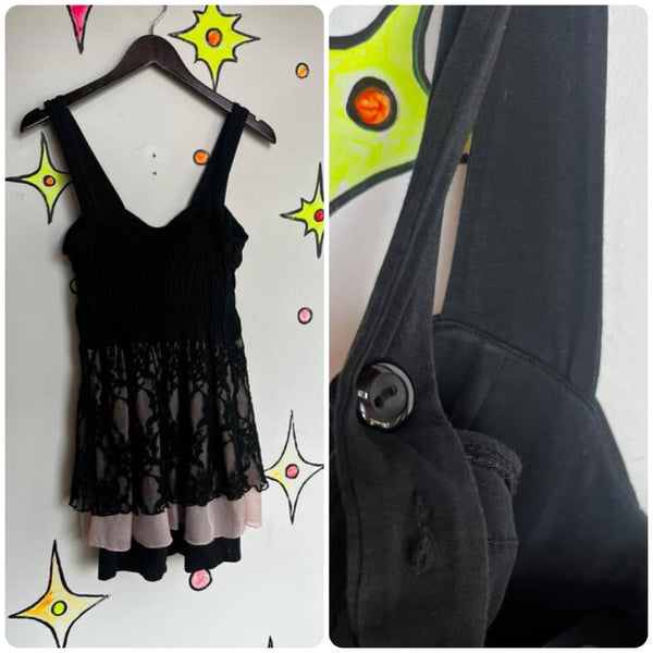 Vintage Y2K Black Pink Lace Sheer Babydoll Whimsy Goth Fairy Grunge Mini Dress M