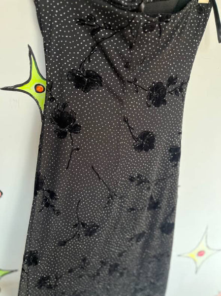 90s Y2K Black Glitter Strapless Fairy Goth Dress - Asymetric Hem Slip - Small