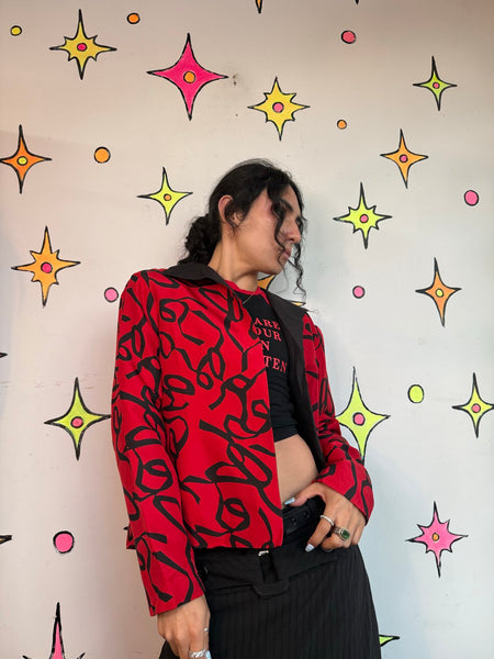 Vintage 80s 90s Silk Blazer Red Black Abstract Art Whimsy Goth Jacket Blazer M