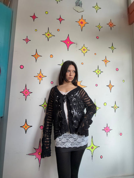 Black Crochet Cardigan Boho Whimsy Goth Fairy Festival Layering Sweater Large
