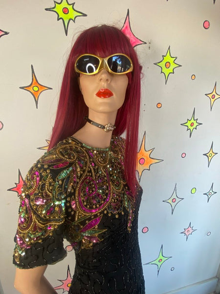 True Vintage 80s Funky Swirly Sequined Silk Midi Dress Formal Editorial Glam L