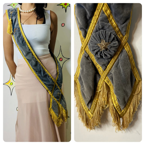 Antique Blue & Gold Velvet Sash Masonic Lodge Ritual Emblems Ornate Ceremonial