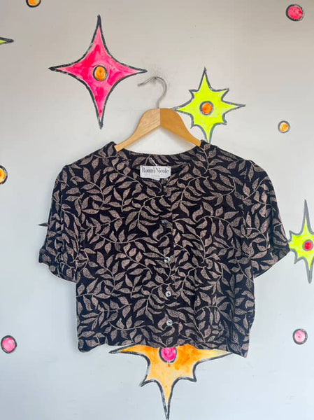 Vintage 90s Y2K Stretchy Button Down Blouse – Boho Fairy Grunge Crop Top – 8