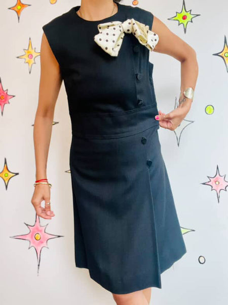 Vintage 60s 70s Black & White Mod GoGo Mini Dress Polka Dot Pussy Bow M