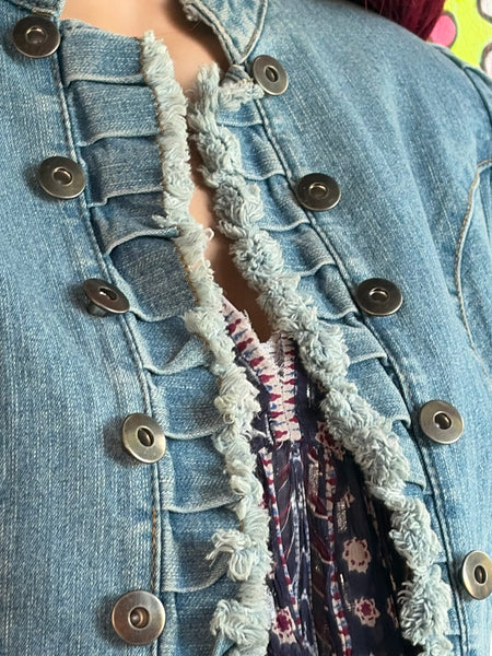 Y2K Denim Military Jacket Soft Grunge Ruffled Utility Blazer Fairy Coquette S