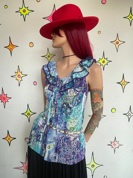 Turquoise Purple Pleated Ruffled Floral Paisley Tattoo Print Whimsy Fairy Top L