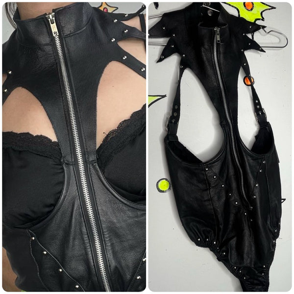 XTC Studded Leather Sexy Vampire Cutout Goth Dominatrix Harness Fetish Bodysuit