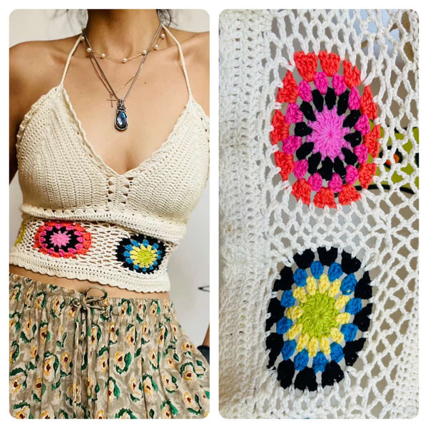 Vintage Boho Grunge Crochet Halter Top - Granny Squares - Festival Style L / XL