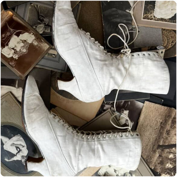 Antique Canvas Victorian Boots | White Pointy Lace Up Wedding Boots | 8 - 8.5