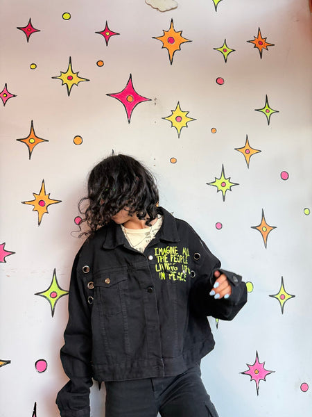 Hot Topic Mona Lisa Denim Jacket Cyber Goth Oversized Black Jean Jacket XXL