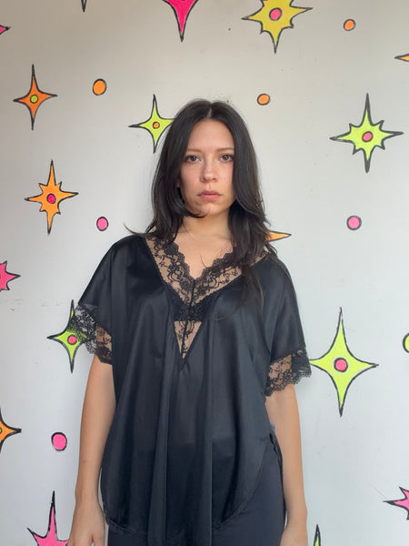 Vintage 70s 80s Black Nylon Lingerie Blouse Boudoir Goth Romantic Layering Top L