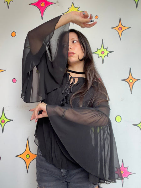 Vintage Black Bell Sleeve Top Goth Witchy Boho 90s Y2K Romantic Glam S/M