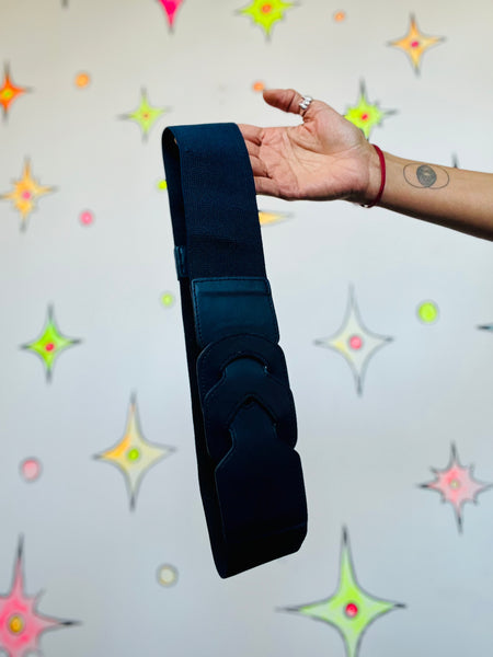 Vintage 80s Navy Blue Elastic Cinch Belt Wide New Wave Statement Belt S/M