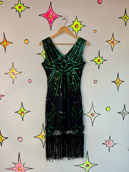 Vintage 20s Revival Fringe Flapper Disco Western Dress – Sequin Party Glam (S)