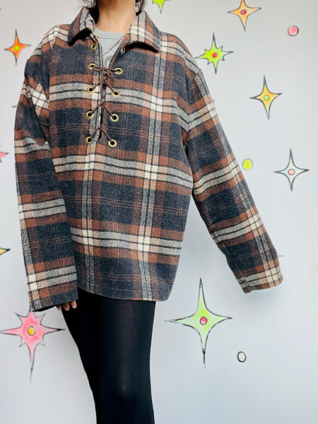 Vintage 60s Rawhide Lacer Brown Plaid Pullover Wool Shirt | Workwear Flannel XL