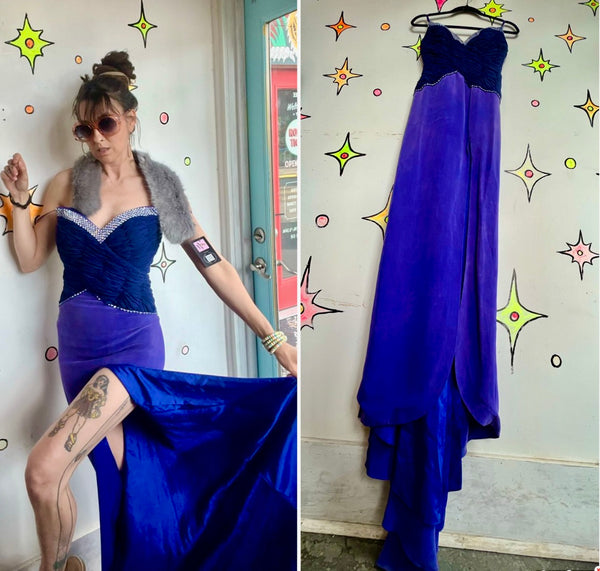 90s Y2K Royal Purple Sweetheart Ruched High Slit Rhinestone Maxi Prom Dress XS/S