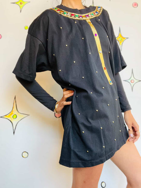 Vintage 1980s | Black Embellished Punk Goth Bedazzled T Shirt | Free Size