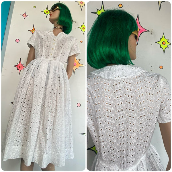 1950s Nelly Don White Lace Rockabilly Midi Dress Collared Vintage S