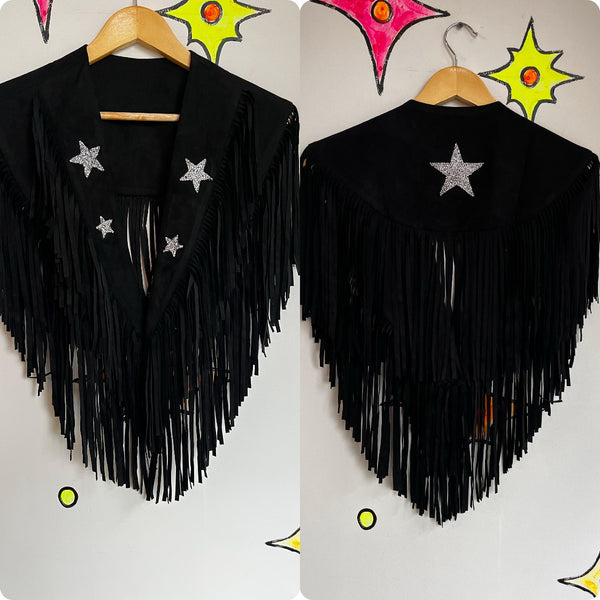 Retro Western Embellished Black Faux Suede Fringe Collar