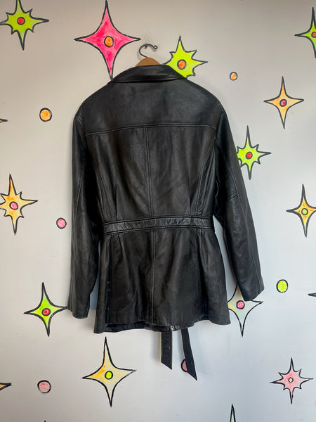 Vintage 90s Thrashed Black Leather Goth Boho Grunge Zip-Up Belted Trench Coat XL