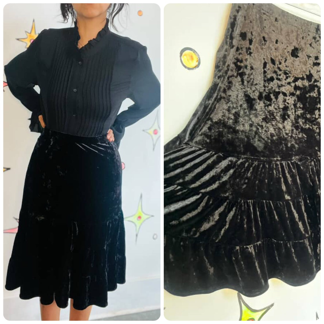 Vintage Y2K Black Crushed Velvet Tiered Midi Skirt Fairy Grunge Whimsy Goth – L