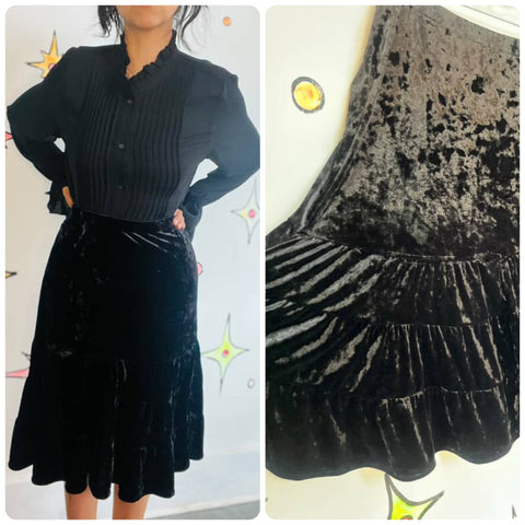 Vintage Y2K Black Crushed Velvet Tiered Midi Skirt Fairy Grunge Whimsy Goth – L