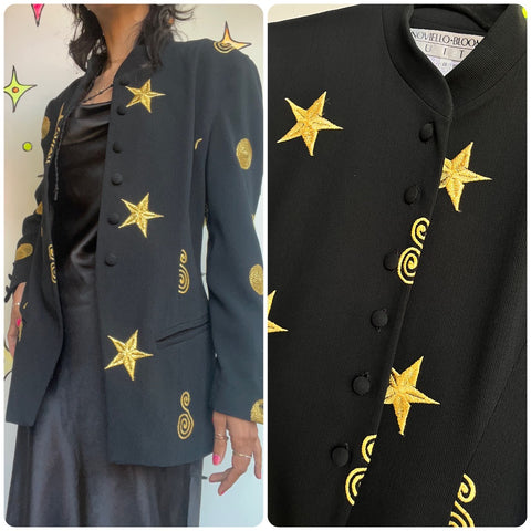 Vintage 80s 90s RARE Wearable Art Black and Gold Embroidered Celestial Blazer 8
