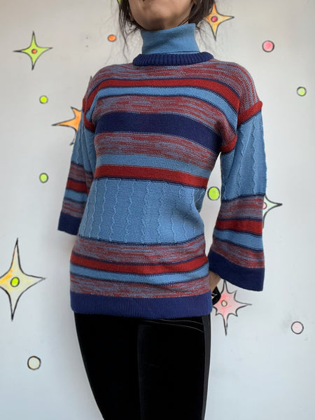 Vintage 70s Blue Turtleneck Striped Pullover Sweater Chunky Grunge Boho Retro S