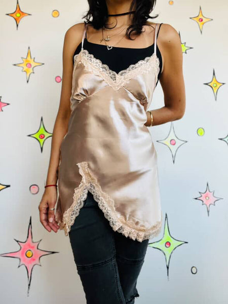 Vintage 90s Y2K Blush Pink Satin Lace Fairy Grunge Princess Mini Slip Dress M