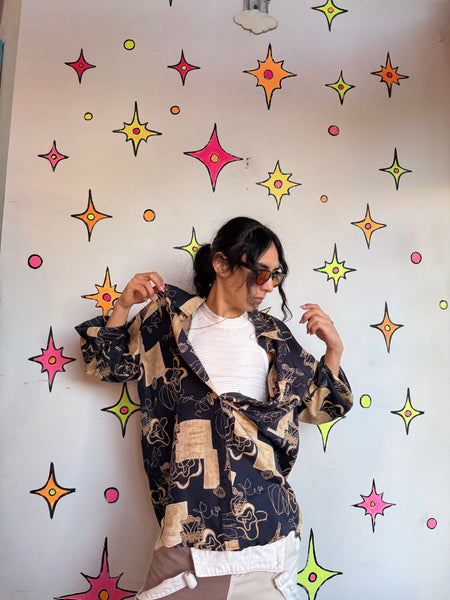 Vintage 90s Abstract Silk Shirt | Artsy Whimsy Goth Wearable Art Button Up L
