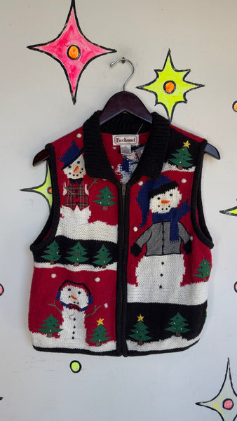 Vintage 80s 90s Retro Blue Snowman Zip Up Ugly Christmas Party Sweater Vest | S