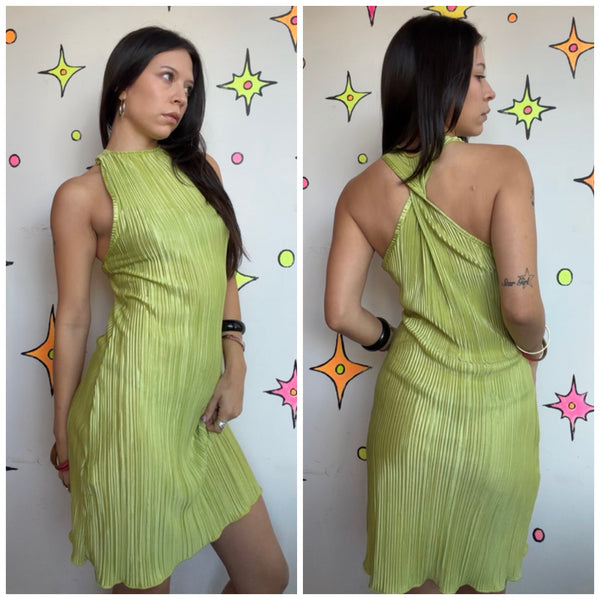 Y2K Lime Green Chartreuse Pleated Mini Dress Cyber Baddie Glam Party Dress S/M