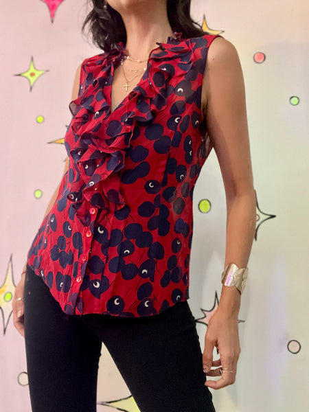Vintage Y2K Nanette Lepore French Designer Cherry Red Ruffle Sheer Silk Blouse 6